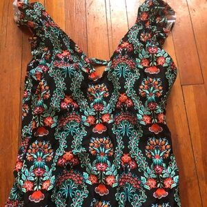 Jessica Simpson one piece black floral flutter sleeve swimsuit bathing suit